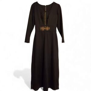 Vintage Black Gold 60s 70s Retro Queen A Line Long Sleeve A Line Maxi Dress
